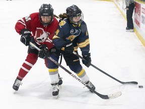 Hayley Waters of the Strathroy District Saints is checked by Kelly Hubert of the Medway Cowboys during game two of the TVRA Central Thames Valley AAA girls hockey final at Kinsmen Arena in London on Thursday, March 2, 2023. The Saints tied the series at one win apiece with a 2-1 win to force a third and final game Monday. (Derek Ruttan/The London Free Press)