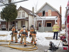 London firefighters were called to quell a fire in a boarded-up house on Grey Street in London on Monday March 6, 2023. (Derek Ruttan/The London Free Press)