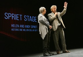 Helen and Andy Spriet receive a standing ovation from subscribers after it was announced that they were donating $1million to the Grand Theatre on March 9, 2017. (London Free Press file photo)