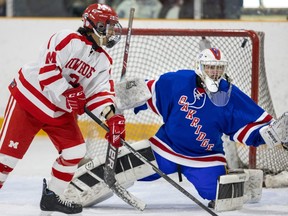 Medway's Logan Gianelli watches a tipped shot ring off the cross bar behind Oakridge's Matt McMillian in Game 1 of the TVRA Central AAA boys hockey final on Wednesday, March 1, 2023, at Nichols Arena in London. Medway won 7-2. The best-of-three series continues Thursday. (Mike Hensen/The London Free Press)