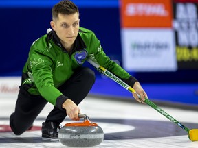 Saskatchewan skip Kelly Knapp delivers a stone in their morning draw against Newfoundland and Labrador during the 2023 Brier at Budweiser Gardens in London on Sunday March 5, 2023. Mike Hensen/The London Free Press
