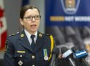 Acting London police Chief Trish McIntyre speaks at a news conference Monday, March 13, 2023, about a standoff at a London apartment building in which two officers were shot.  (Mike Hensen/The London Free Press)
