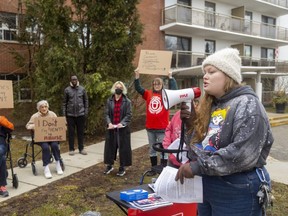Alexandra Brodhagen speaks at a protest on Thursday, March 23, 2023, by tenants of an apartment at 1150 Adelaide St. N. about pest infestations and poor repairs at the building managed by Old Oak Properties. (Mike Hensen/The London Free Press)