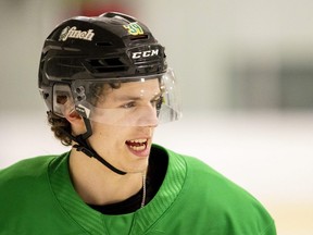 Max McCue of the London Knights is shown at a practice at the Western Fair Sports Centre on Wednesday, March 29, 2023. (Mike Hensen/The London Free Press)