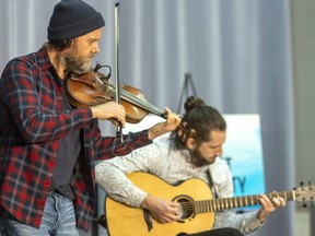 Dan Stacey and Kyle Waymouth perform at the inauguraL London City of Music Expo at RBC Place convention centre on Thursday, March 30, 2023. They were promoting the upcoming East Coast Kitchen Party at the Grand Theatre April 18 to May 7. (Mike Hensen/The London Free Press)