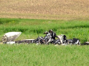 The remains of one person were removed from the wreckage of a small, double-engine plane that crashed in a field north of Perth Line 43 Aug. 23, 2022. (Galen Simmons/Beacon Herald file photo)