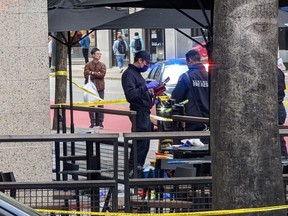 The scene of the stabbing outside the Starbucks in downtown Vancouver on Sunday, March 26, 2023.