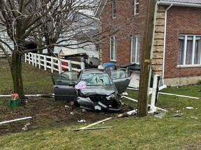 A 33-year-old Delhi resident suffered life-threatening injuries when the vehicle they were driving left Talbot Line in Malahide Township and struck a fence on Saturday at about 5 p.m., Elgin OPP said. (OPP handout photo)