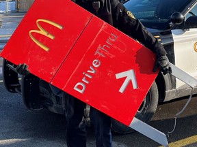 Huron County OPP found 10 stolen road signs from Huron County and a stolen drive-through sign from a McDonald's restaurant in Wingham in an abandoned pickup truck stuck in a ditch in Wingham on March 5. A 20-year-old is charged with two counts of possession of property obtained by crime.