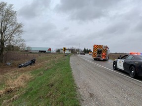 Three drivers were taken to hospital with unknown injuries following a three-vehicle collision Monday afternoon on Highbury Avenue between Thomson Line and Carr Road, OPP said. (OPP Twitter photo)
