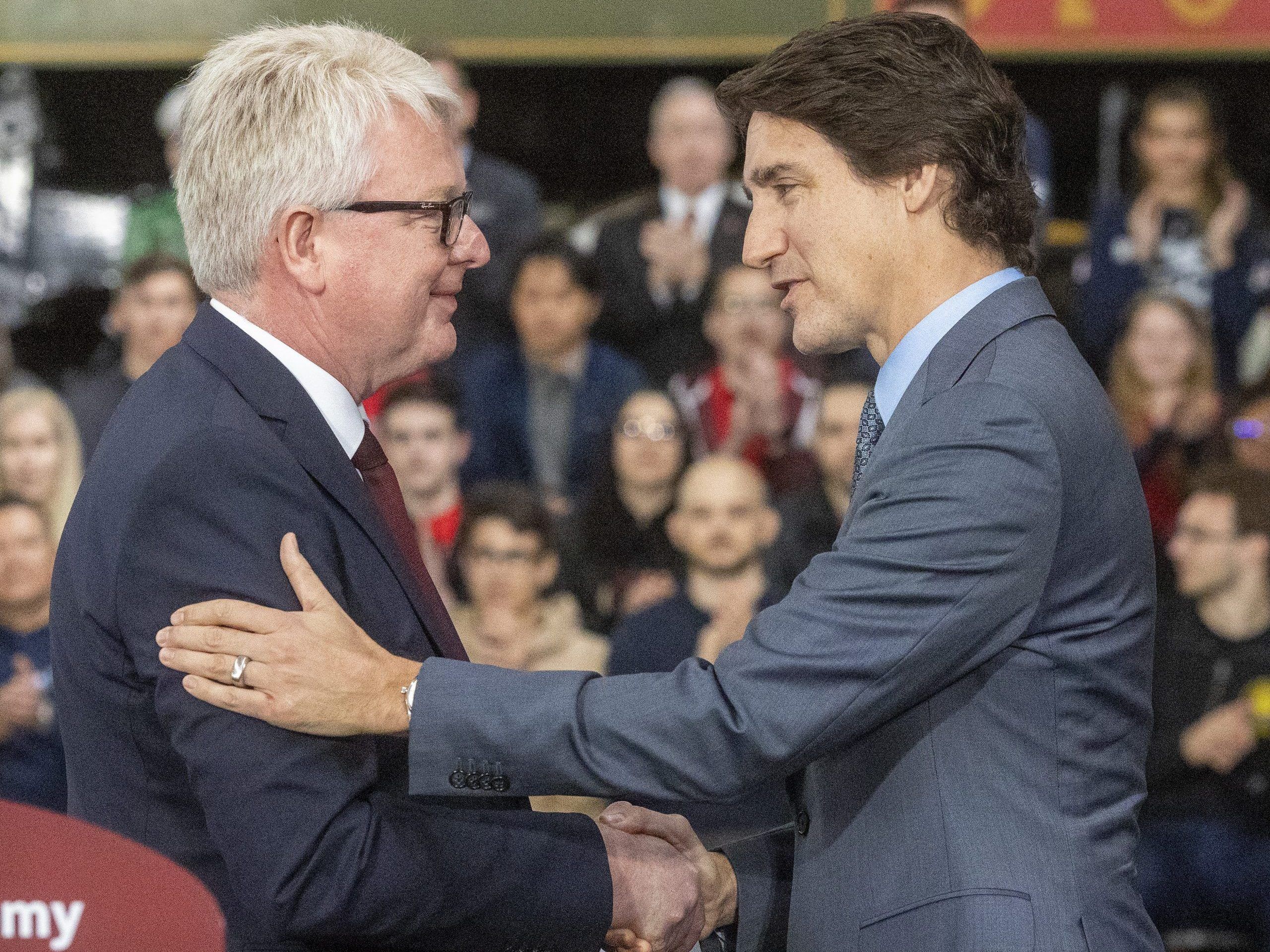 Frank Blome, CEO of PowerCo., Volkswagen's battery-making subsidiary, greets Prime Minister Justin Trudeau on Friday April 21, 2023 during an event officially announcing VW's electric-vehicle battery plant in St. Thomas. Mike Hensen/The London Free Press