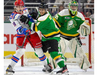 Isaiah George of the London Knights clears the crease, getting Cameron Mercer of the Kitchener Rangers out of the way for Knights goalie Brett Brochu to have a clean look at pucks during Game 2 of their second-round OHL playoff series on Friday April 14, 2023. (Mike Hensen/The London Free Press)