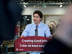 Canada's Prime Minister Justin Trudeau speaks to the media about Budget 2023 at the University of Manitoba in Winnipeg, Manitoba, Canada April 12, 2023. (REUTERS/Shannon VanRaes/File Photo)