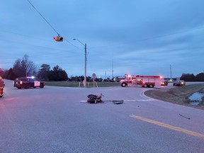 Ontario Provincial Police are investigating a collision that left a motorcyclist with serious injuries southeast of St. Thomas on Tuesday April 4, 2023. (Photo: OPP)