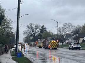 Emergency crews responded to reports of a vehicle striking a house in the 100-block of Highbury Avenue around 10:30 a.m. on April 17, 2023. (Calvi Leon/The London Free Press)