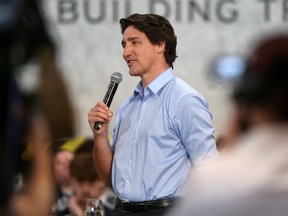Prime Minister Justin Trudeau holds a town hall meeting at the Manitoba Building Trades Institute in Winnipeg, Manitoba, April 12, 2023.