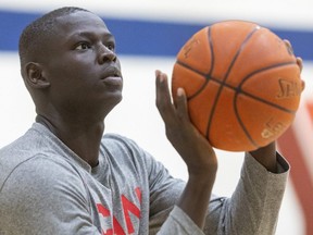 Kur Jongkuch, a rookie London Lightning player, warms up at practice at London's downtown YMCA on Wednesday April 5, 2023. Jongkuch is a graduate student at Temple University in Philadelphia who commutes to play for the Lightning. (Mike Hensen/The London Free Press)