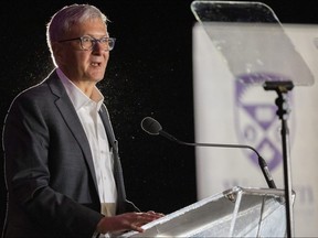 Western president Alan Shepard announces the university plans to build two residences at an Engage Western breakfast at RBC Place convention centre in London on Tuesday, April 11, 2023.
(Mike Hensen/The London Free Press)