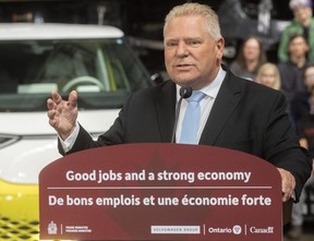 Premier Doug Ford speaks Friday, April 21, 2023, at a news conference in St. Thomas about Volkswagen's new electric battery plant.  The province will pay $500 million in upfront capital costs toward the plant while Ottawa has committed $700 million.  (Mike Hensen/The London Free Press)