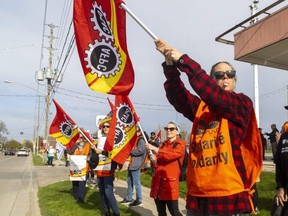 About 50 PSAC protesters were angry that the government found funds for a plant but not for workers on strike in St. Thomas. 
Photograph taken on Friday April 21, 2023. 
(Mike Hensen/The London Free Press)