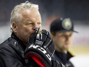 London Knights head coach Dale Hunter is a study in concentration on Tuesday, April 25, 2023.  (Mike Hensen/The London Free Press)