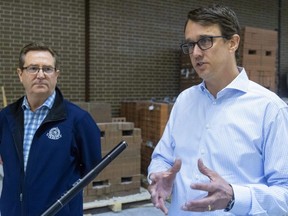 Local MPP Monte McNaughton, Ontario’s labour minister, talks about a new investment of $183,000 to train 14 people locally in brick work and masonry. To his right is Brian Pringle of the Brick and Allied Craft Union of Canada. Photo taken on Friday April 28, 2023. (Mike Hensen/The London Free Press)