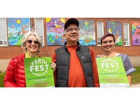 Mary Ann Hodge, Ron Hill and Heather Jerrard are at the N'Amerind Centre on Thursday, April 20, 2023 to promote the upcoming Earthfest on Dundas Place, at the Central Library and Citi Plaza on Saturday, April 22, from noon to 5 pm. in London, Ont. (Mike Hensen/The London Free Press)
