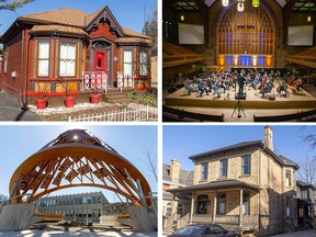 The 2023 London Heritage Awards winners include, clockwise from top left: 82 Albion St., Metropolitan United Church, 112 Elmwood Ave., and Wampum Learning Lodge at Western University.