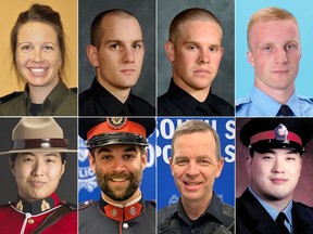 Eight of the officers killed in Canada since September 2022. TOP ROW from left: Sgt. Maureen Breau, Sûreté du Québec; Const. Travis Jordan, Edmonton police; Const. Brett Ryan, Edmonton police; Const. Grzegorz Pierzchala, Ontario Provincial Police. BOTTOM ROW from left: Const. Shaelyn Yang RCMP; Const. Devon Northrup, South Simcoe police; Const. Morgan Russell, South Simcoe police; Const. Andrew Hong, Toronto police.