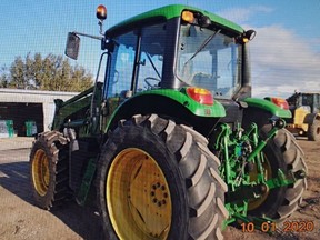 Elgin OPP say a John Deere tractor worth $80,000 was stolen from a carpool parking lot on Currie Road north of Highway 401 between 3 p.m. Monday and 9:35 a.m. Tuesday. (OPP handout photo)