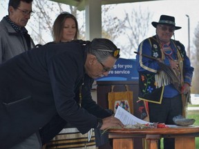 Oneida Nation of the Thames Chief Todd Cornelius joins neighbouring chiefs of Munsee-Delaware Nation and Chippewas of the Thames First Nations on Thursday, May 4, 2023, to sign a declaration to address illegal drug trafficking in their communities. (Calvi Leon/The London Free Press)