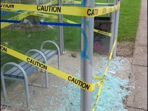 A London Transit bus shelter was damaged on May 1, 2023, near the Southdale Road-Millbank Drive intersection. (Submitted)