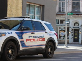 St. Thomas police remain on the scene on Wednesday, May 17, 2023, at 341 Talbot St., where officers called a disturbance the previous day found a gunshot victim who was taken to hospital with life-threatening injuries. (Dale Carruthers/The London Free Press)