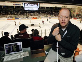Peterborough Examiner sports reporter Mike Davies covers the Peterborough Petes and the London Knights from the press box during Game 4 OHL finals on Wednesday, May 17, 2023 in Peterborough. Legally blind, Davies uses technology to help him do his job. (Clifford Skarstedt/ Peterborough Examiner)