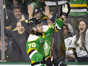 Ruslan Gazizov of the London Knights celebrates a goal in the first period against the Sarnia Sting at Budweiser Gardens in London on Friday May 5, 2023. (Mike Hensen/The London Free Press)