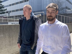 Shane Marshall, right, of St. Thomas leaves the London courthouse with an unidentified friend after he was sentenced to house arrest for 90 days and one year of probation for throwing gravel at Prime Minister Justin Trudeau during a 2021 London campaign stop. Photo taken on Monday May 8, 2023. Jane Sims/The London Free Press