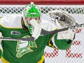 London Knights over-age goalie Brett Brochu, sidelined by a freak injury early in the third round of the OHL playoffs, took home fan favourite honours in the team's end-of-season awards Tuesday. (Files)