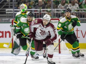 Brennan Othmann of the Peterborough Petes skates away from the London Knights zone during Game 1 of the OHL finals at Budweiser Gardens in London on Thursday May 11, 2023. (Derek Ruttan/The London Free Press)