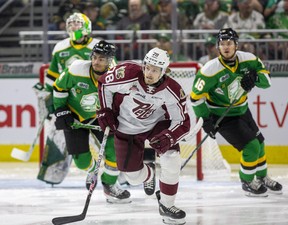 Brennan Othmann of the Peterborough Petes skates away from the London Knights zone during Game 1 of the OHL finals at Budweiser Gardens in London on Thursday May 11, 2023. (Derek Ruttan/The London Free Press)