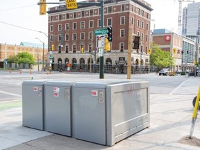 The city has hourly bicycle lockers at three locations in downtown London, including this set at the corner of Dundas and Wellington streets. Photo taken Sunday, May 21, 2023. (Derek Ruttan/The London Free Press)