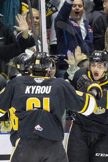Luca Del Bel Belluz of the Sarnia Sting celebrates his goal against the London Knights in the first 2- something seconds of the first period in game 3 in Sarnia, Ont. 
Photograph taken on Tuesday May 2, 2023. 
Mike Hensen/The London Free Press/Postmedia Network