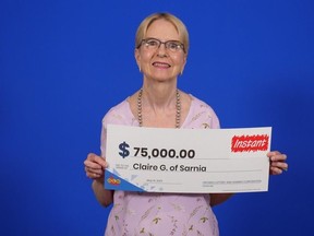 Sarnia retiree Claire Garner, who shared a $250,000 instant lottery prize with her husband in 2017, recently won a $75,000 Instant Cashingo prize, Ontario Lottery and Gaming Corp. officials say. (Supplied)