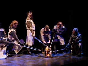 From left – Aidan DeSalaiz, Liam Tobin, Jonathan Goad, Eddie Glen, Josh Doig and Aaron Krohn in Monty Python’s Spamalot. Stratford Festival 2023. (Photo by David Hou)