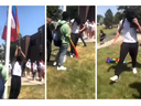 The above three images are taken from a video showing a Pride flag being torn down at a London high school, Sir Frederick Banting, on Tuesday June 6, 2023.