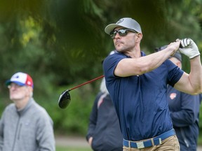 Jamie Romak, a Londoner who played professional baseball for 19 years, watches his drive at the  Canadian Baseball Hall  of Fame celebrity golf classic at St. Marys Golf and Country Club in St. Marys on Friday, June 16, 2023. (Derek Ruttan/The London Free Press)