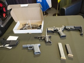 Some of the 3D printed ghost guns seized in Operation Centaure are displayed during a news conference in Montreal, Wednesday, June 21, 2023.