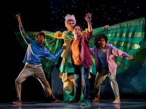 From left, Noah Beemer as Charles Wallace Murry, Nestor Lozano Jr. as Mrs. Whatsit, Robert Markus as Calvin O'Keefe and Celeste Catena as Meg Murry in A Wrinkle in Time. (David Hou/Stratford Festival)