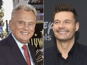 Pat Sajak attends a ceremony honouring Harry Friedman with a star on the Hollywood Walk of Fame in Los Angeles on Nov. 1, 2019, left, and Ryan Seacrest attends the Walt Disney Television 2019 upfront in New York on May 14, 2019.