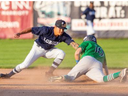 Keith Kandel of the London Majors thwarts Welland Jackfish player Matteo Porcellato as he tries to steal second base in the first inning of their Intercounty Baseball League game at Labatt Park in London on Wednesday July 19, 2023. Derek Ruttan/The London Free Press
