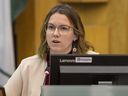 Ward 11 Coun.  Skylar Franke speaks during a city hall debate on March 21, 2023. (Mike Hensen/The London Free Press)